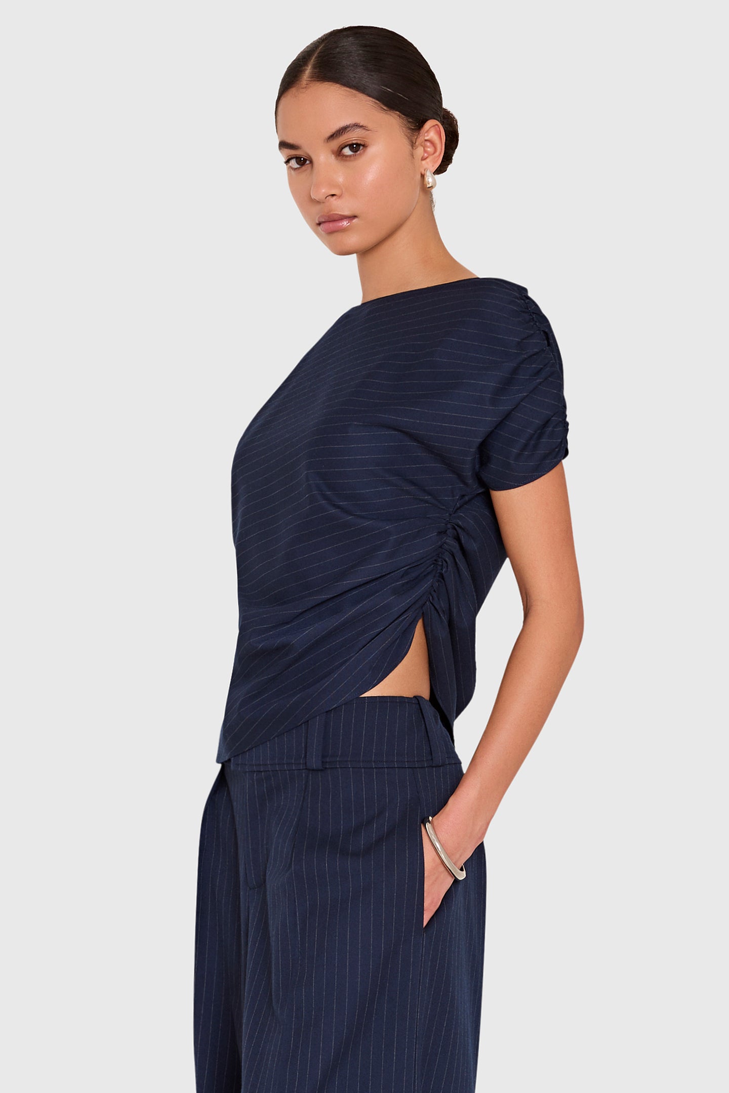 Amanda Uprichard Elroy Top in Manchester Pinstripe - side view