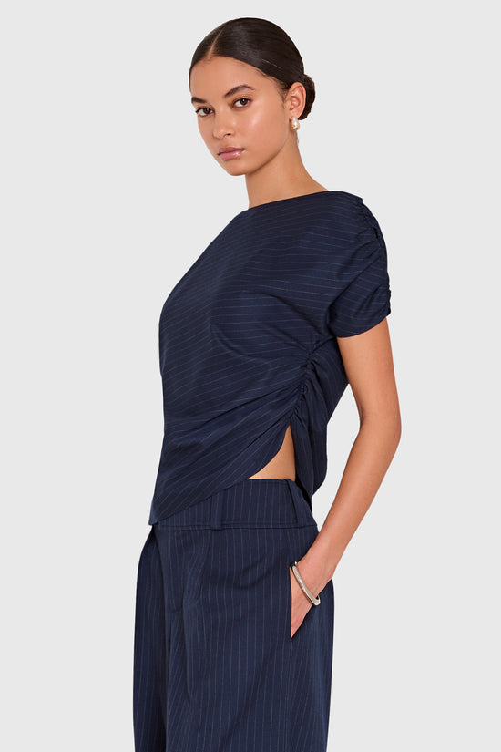 Amanda Uprichard Elroy Top in Manchester Pinstripe - side view