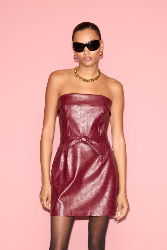 Amanda Uprichard Karla Dress in Burgundy Patent Leather - editorial image