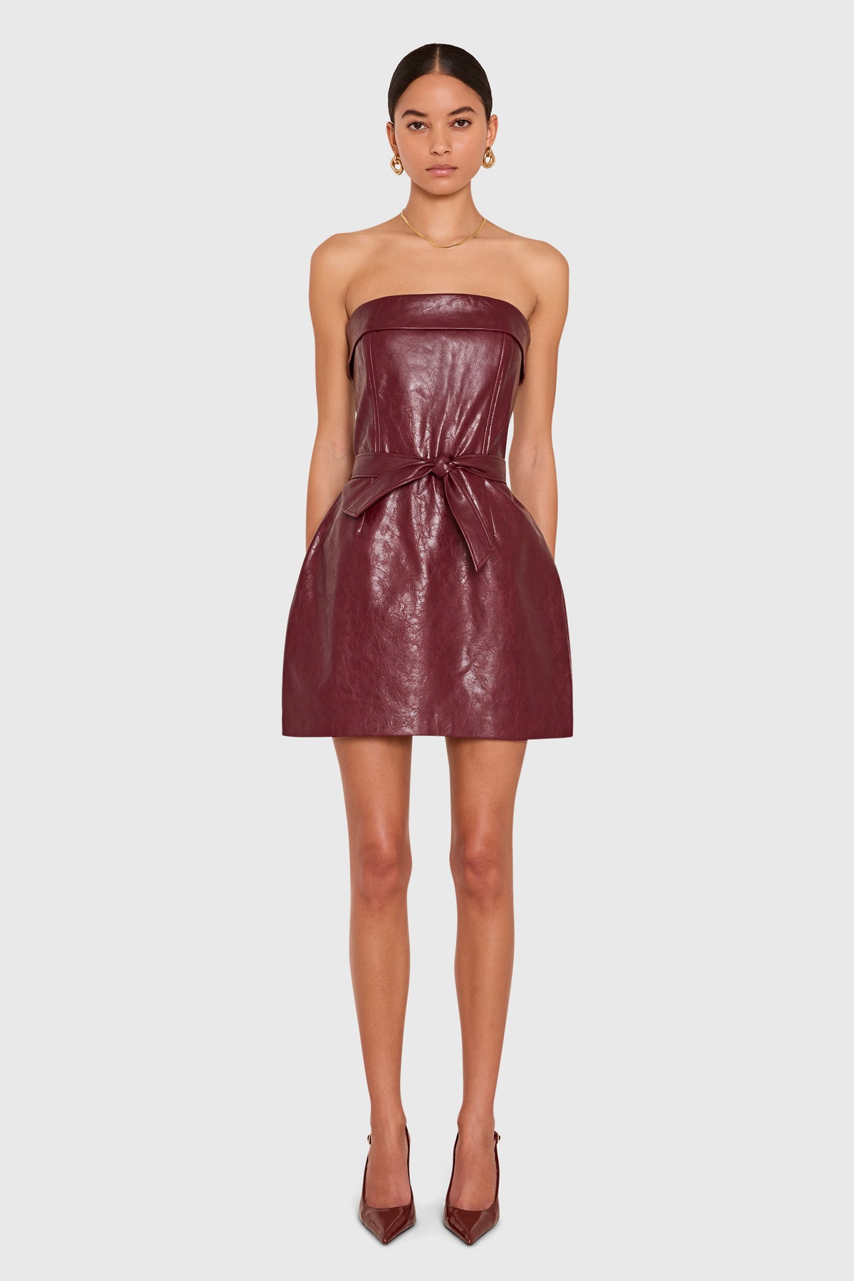 Amanda Uprichard Karla Dress in Burgundy Patent Leather - front view