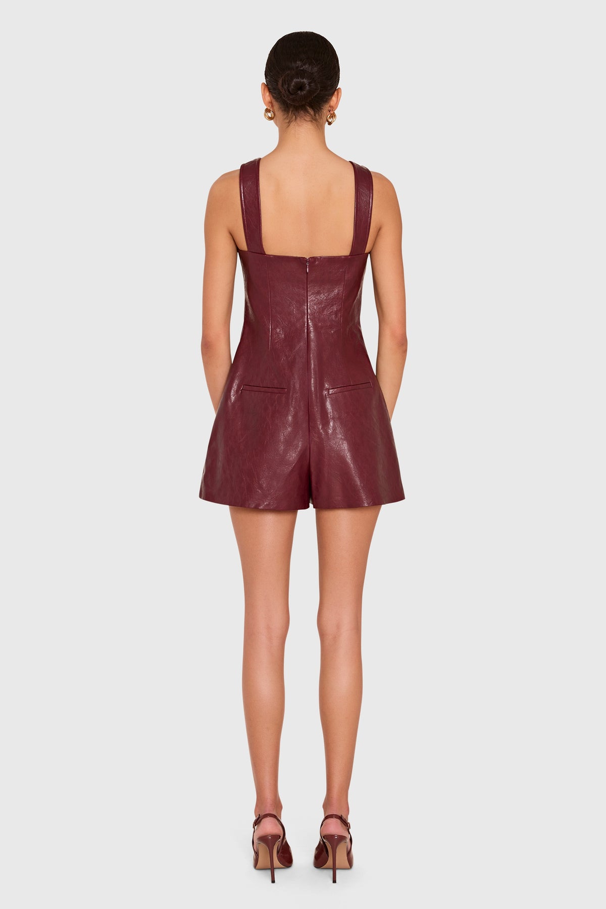 Amanda Uprichard Karla Romper in Patent Leather in Burgundy - back view