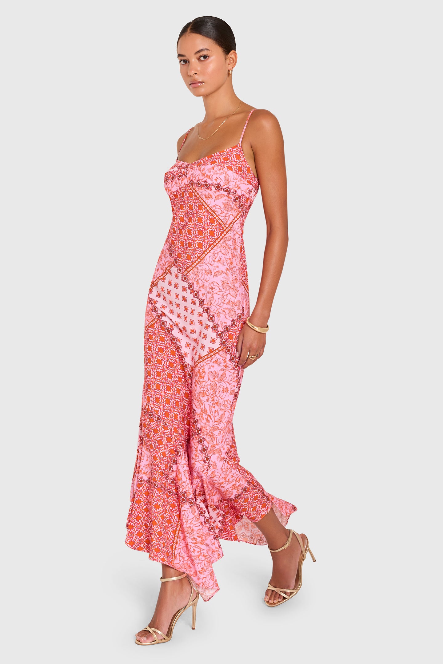 Kaysee Midi Dress in Pink Patchwork Print - Birthday Party Dress