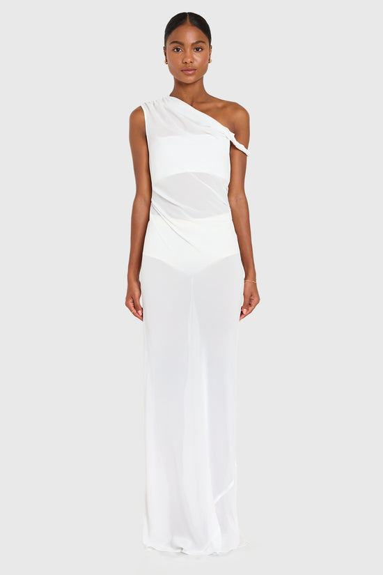 Woman wearing a white one-shoulder dress on a white background view 1