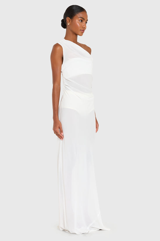 Woman wearing a white one-shoulder dress on a white background view 2