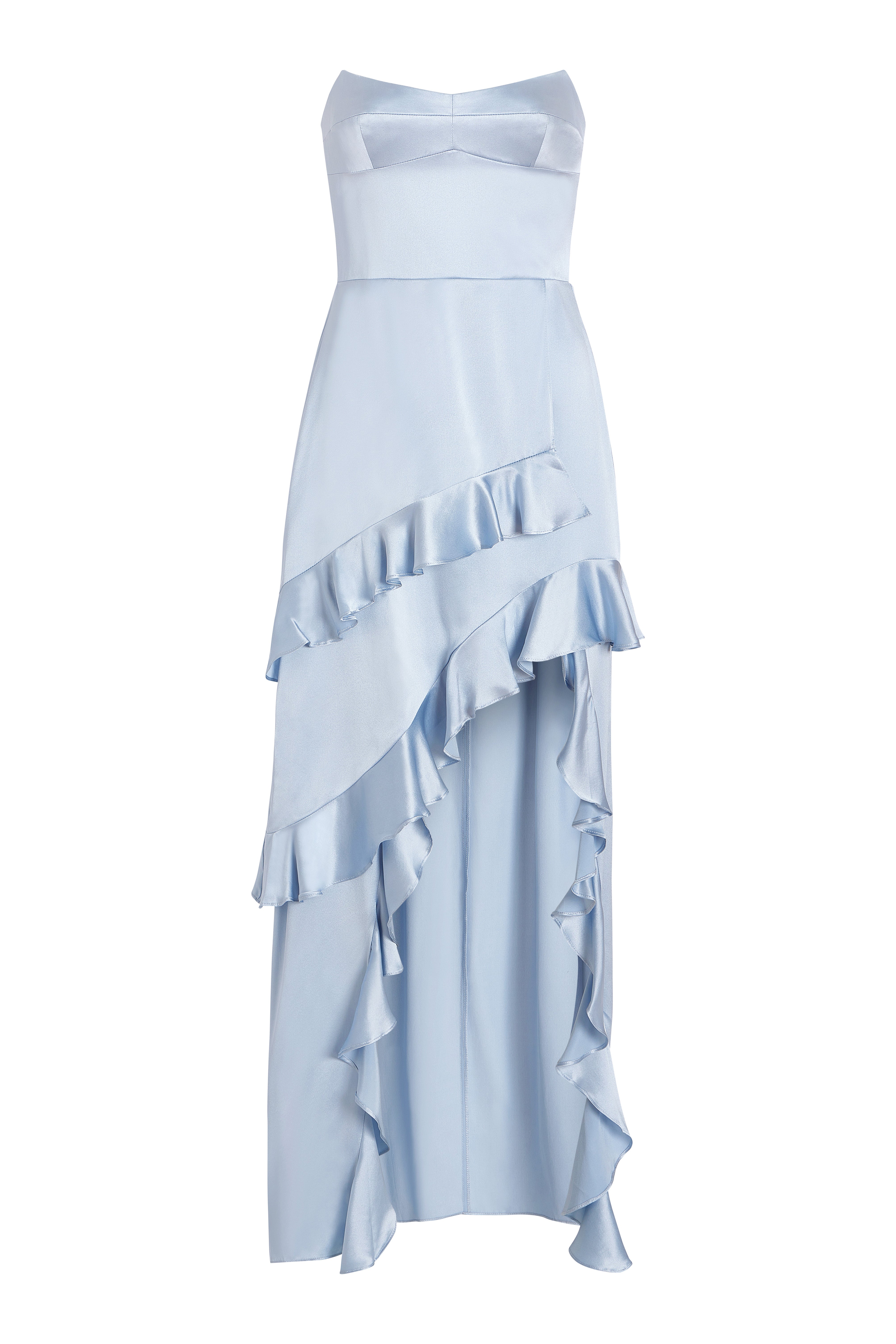 A strapless blue silk maxi dress with a ruffled tiered skirt and a high slit, against a white background.