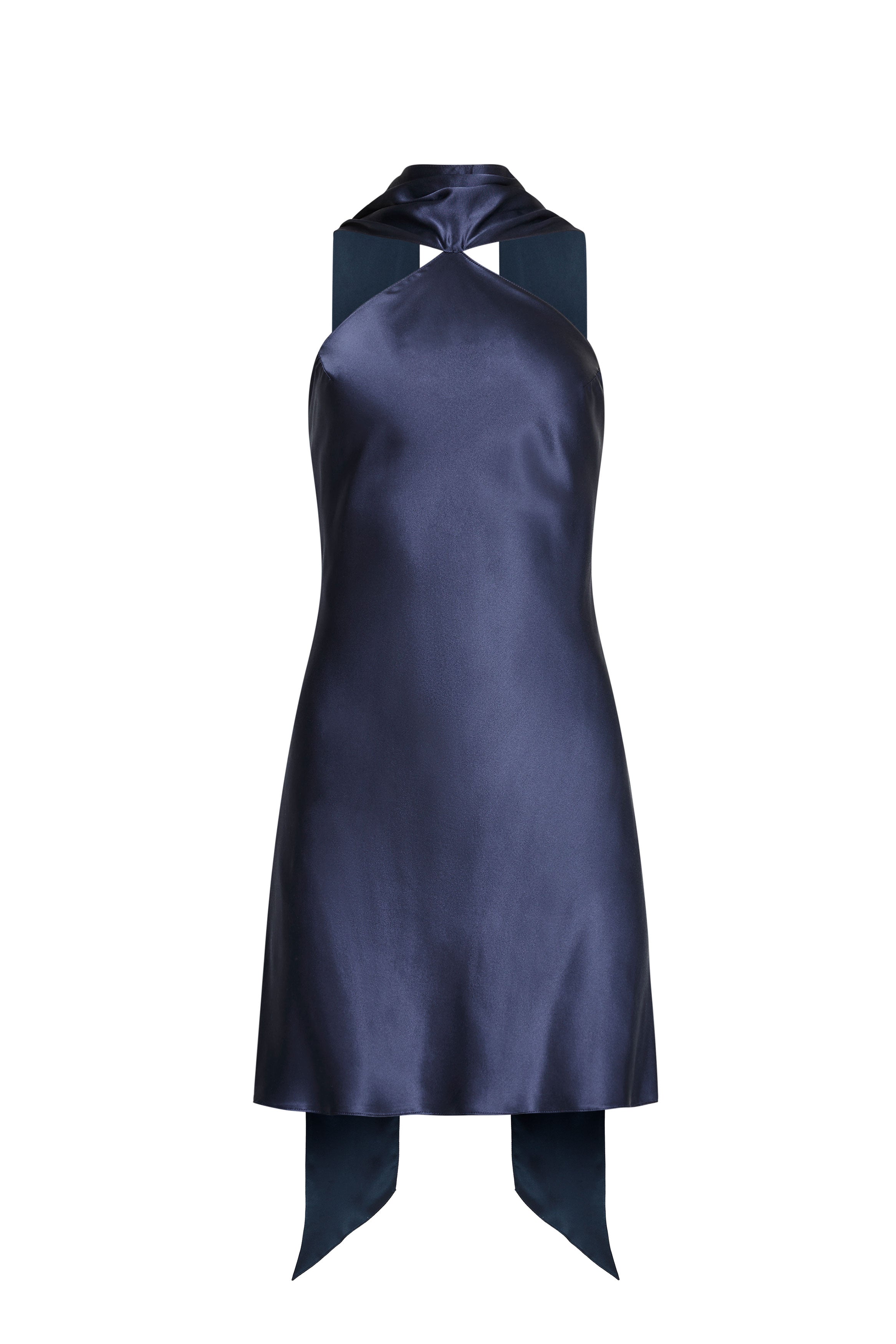 Navy blue halter neck dress with cut-out design on a white background