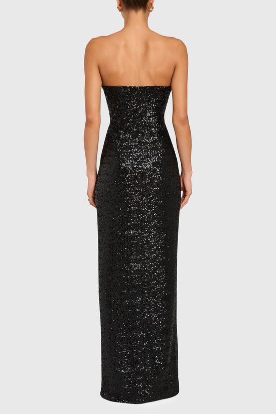 Black strapless sequin gown on a white background