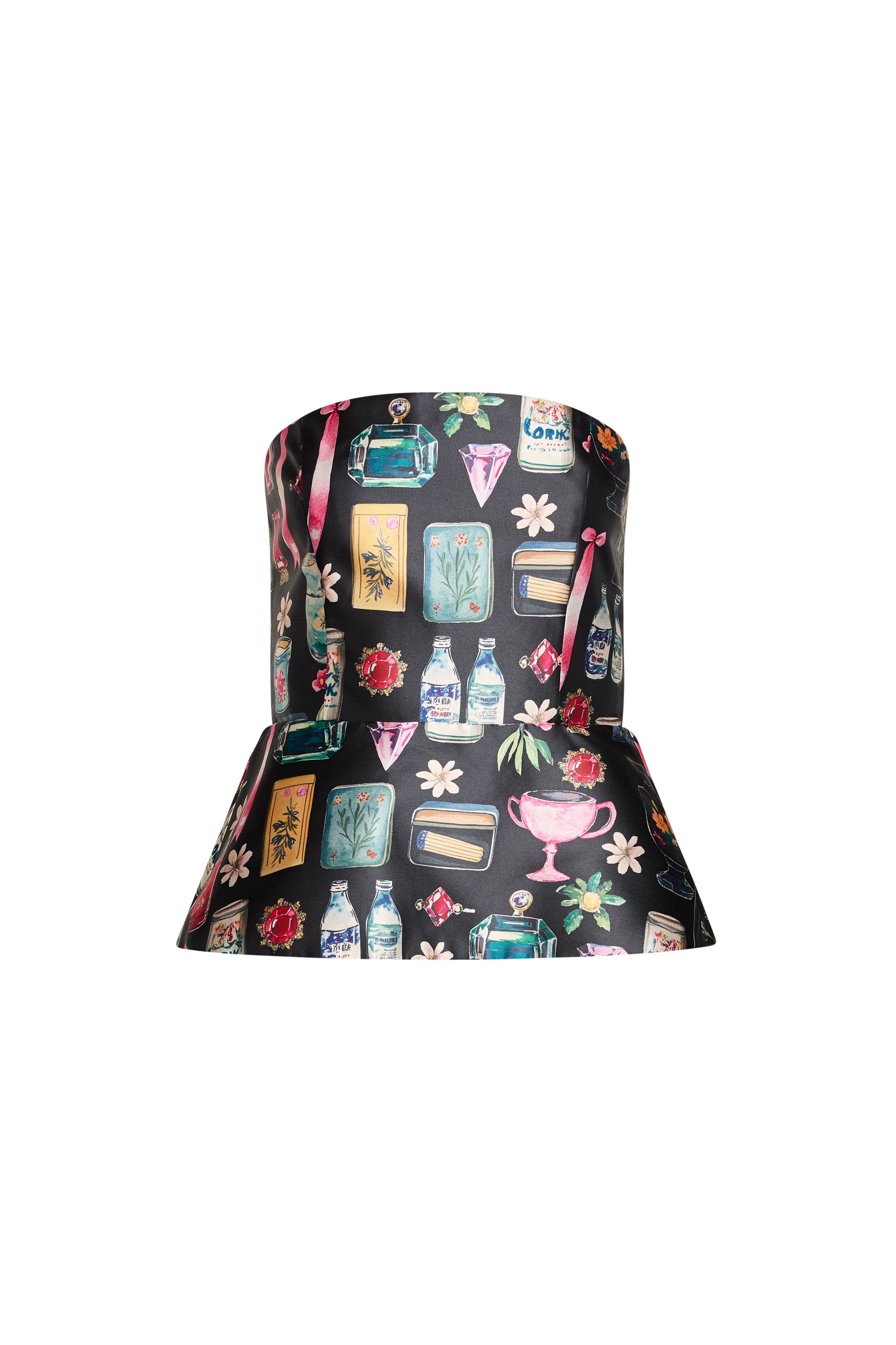 Black strapless top with colorful graphic design on a white background