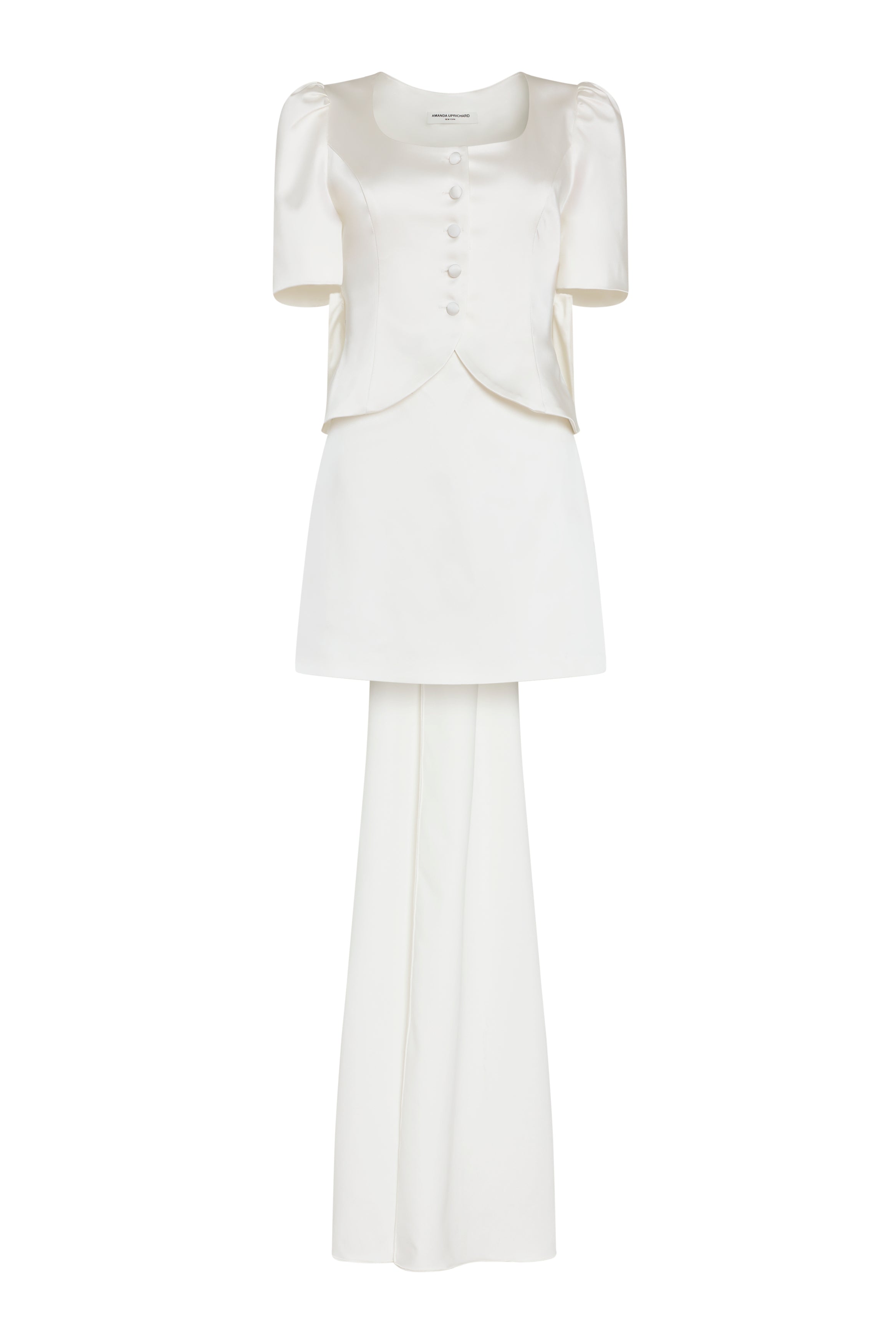 White dress with. bow train on a white background