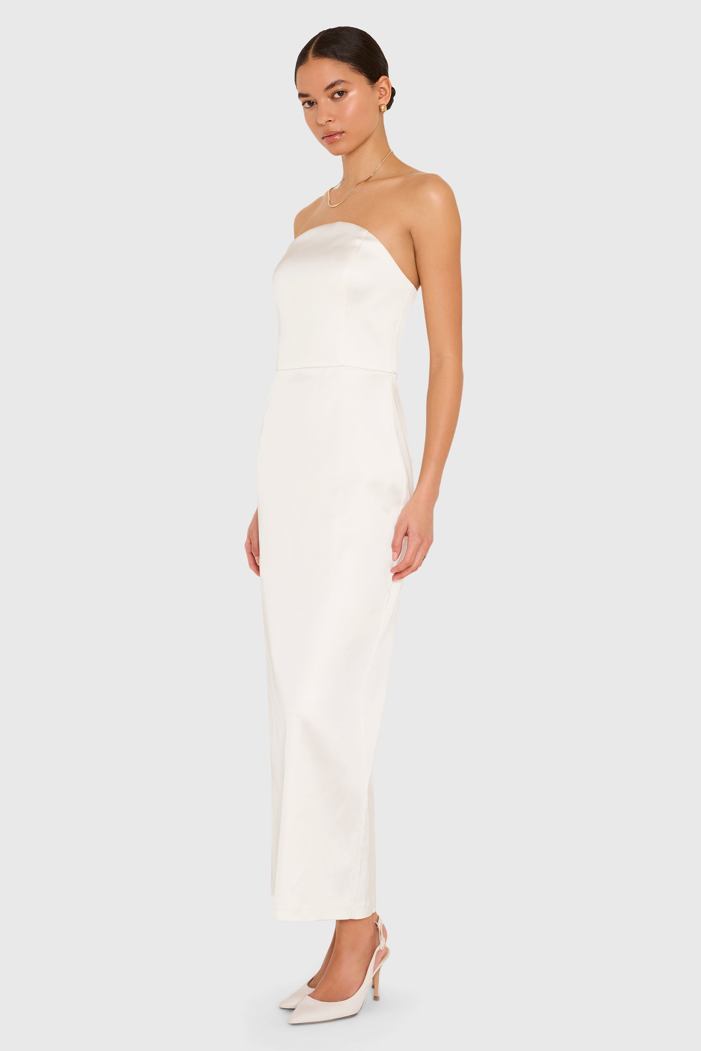 Strapless Midi Berkshire Dress in Ivory Satin | XS | Amanda Uprichard Strapless Midi Berkshire Dress in Ivory Satin | XS | Amanda Uprichard