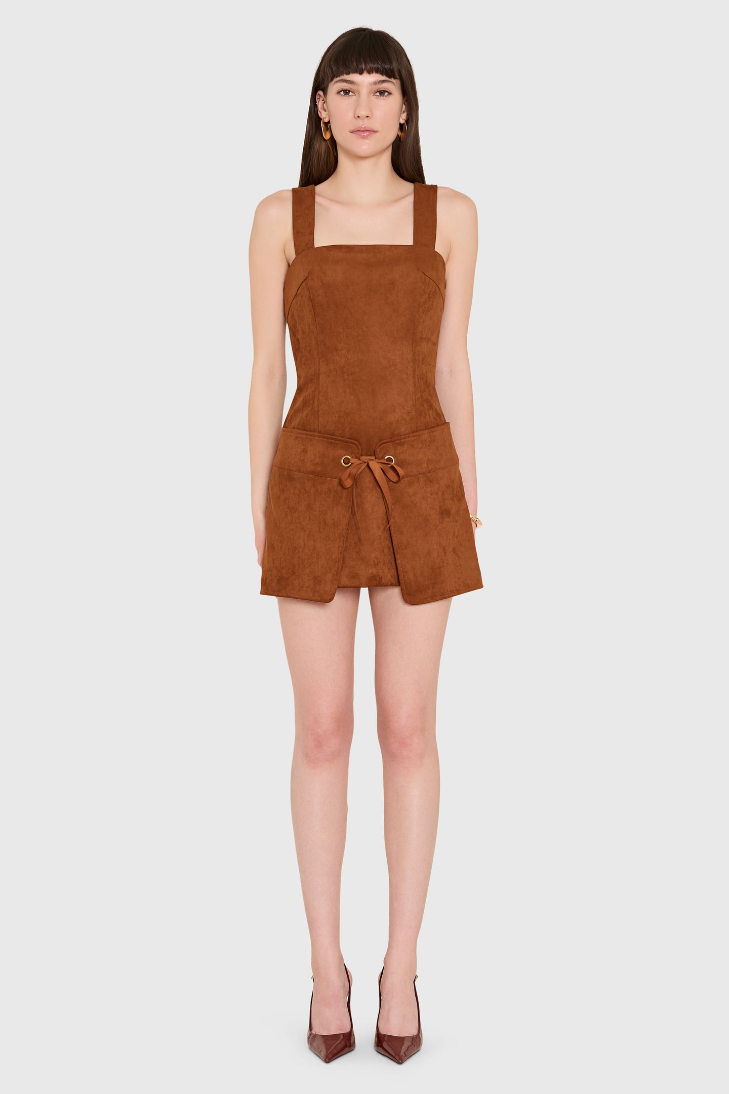Amanda Uprichard Robin Romper in Suede in Chestnut - front view