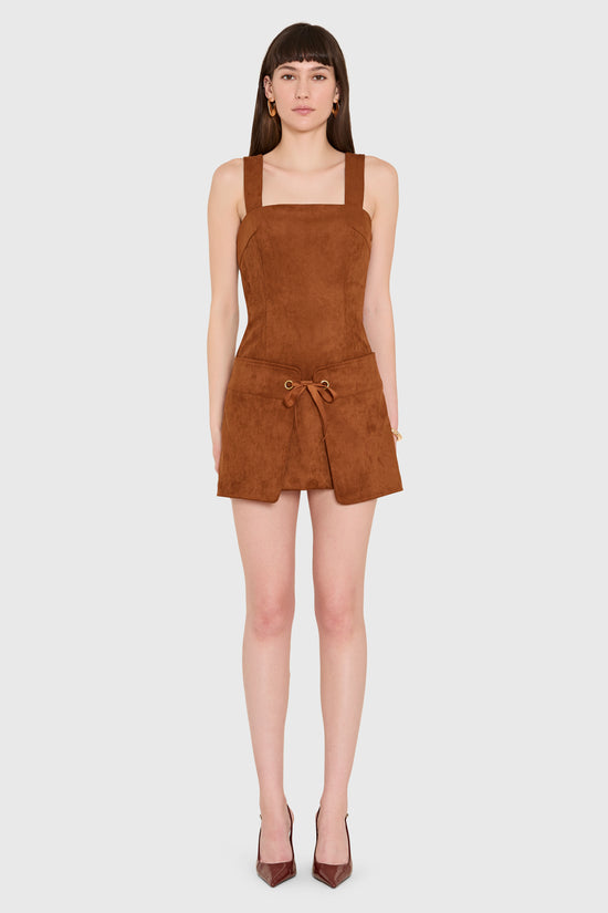 Amanda Uprichard Robin Romper in Suede in Chestnut - front view