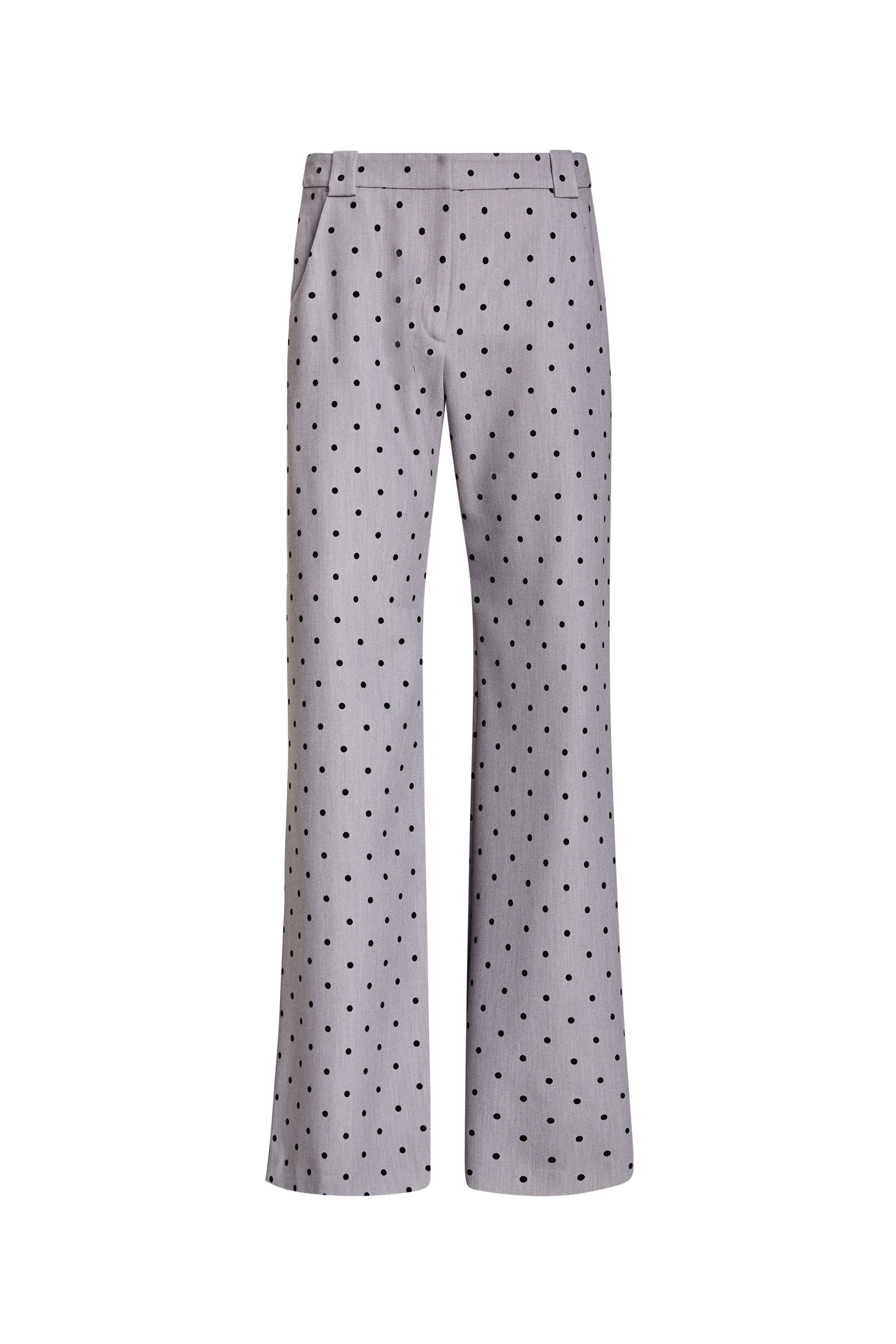 Light gray pants with black polka dots on a white background