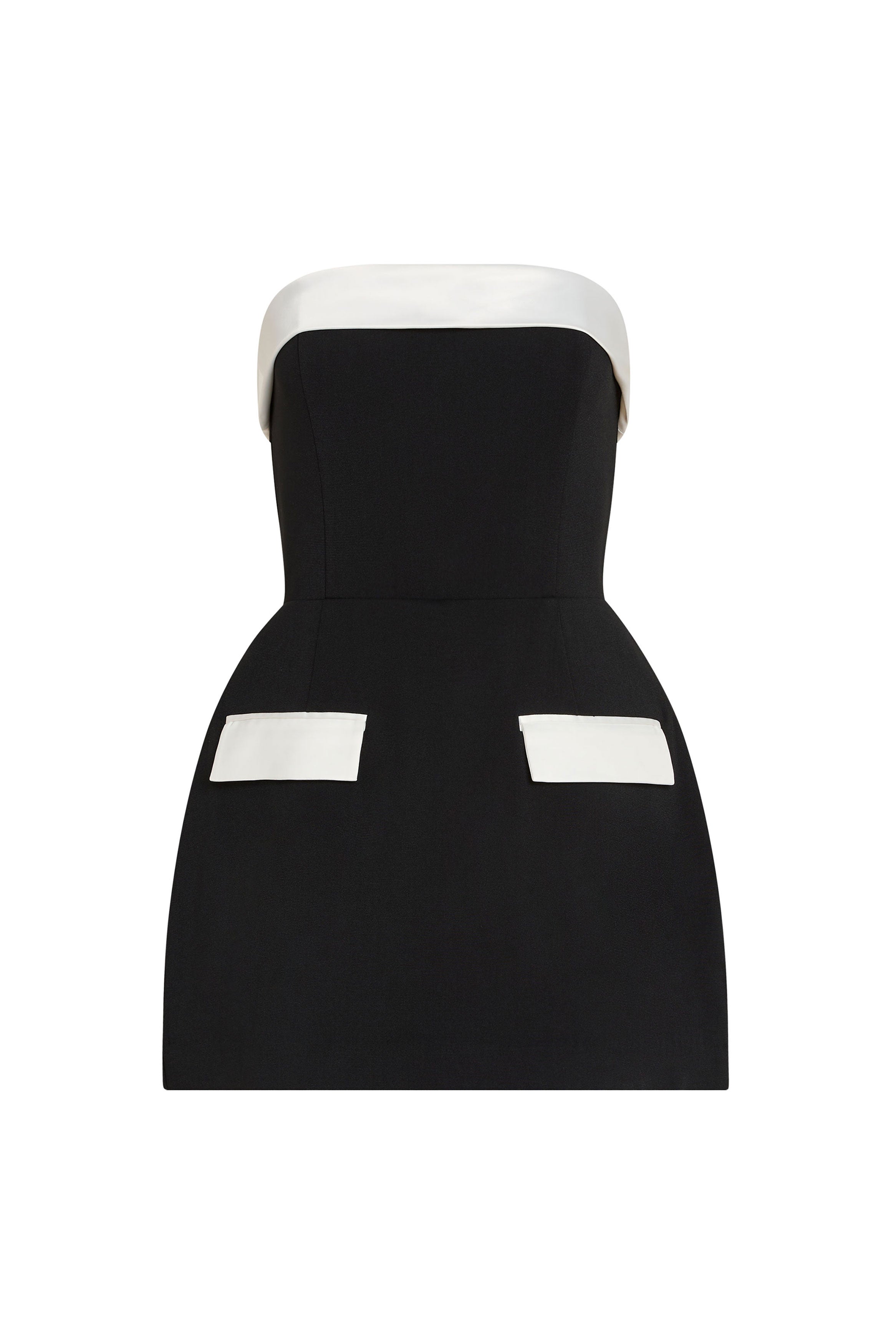 Black strapless dress with white accents on a white background