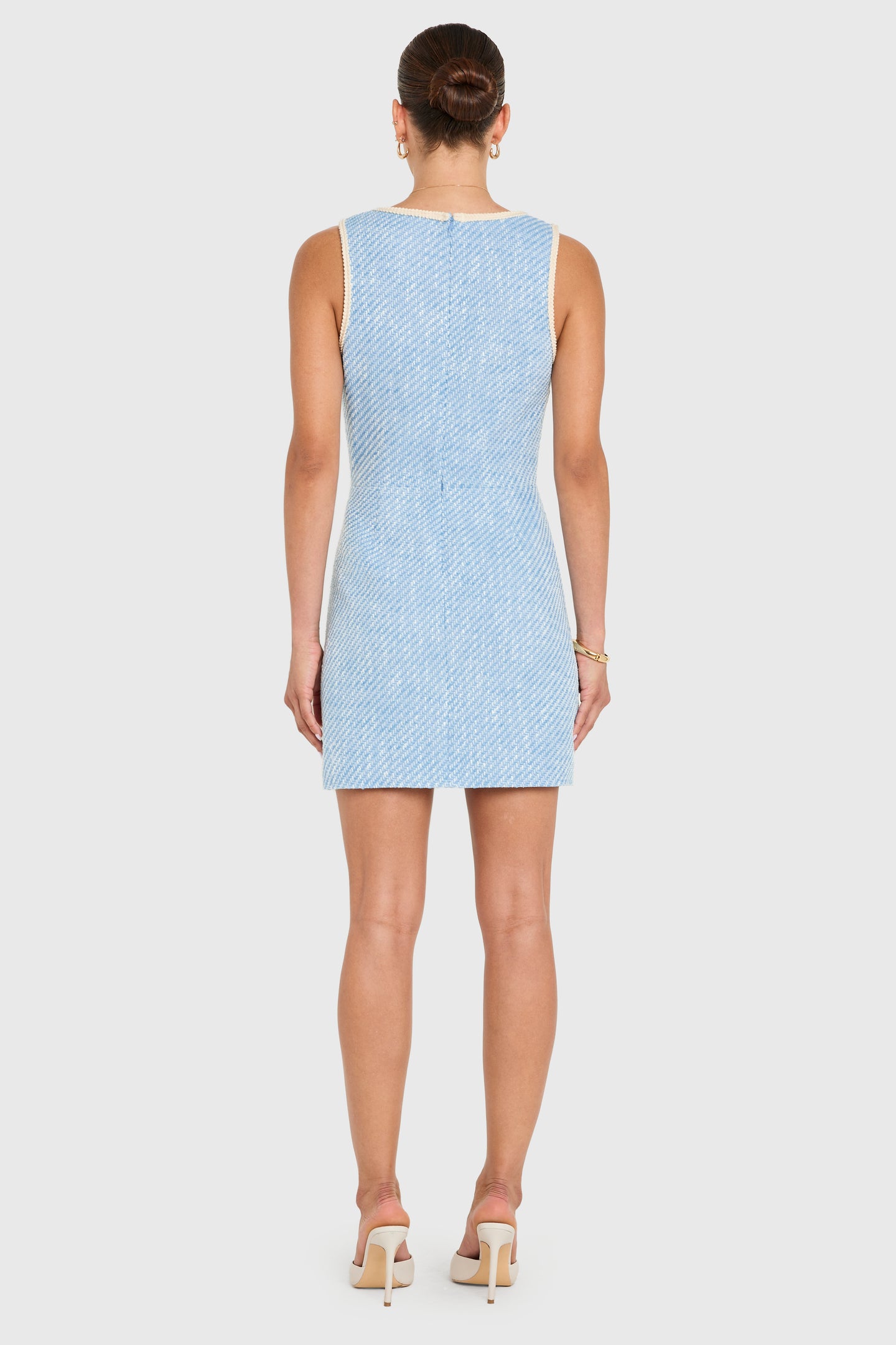Sleeveless Mini Caligari Dress in Baby Blue Tweed | S