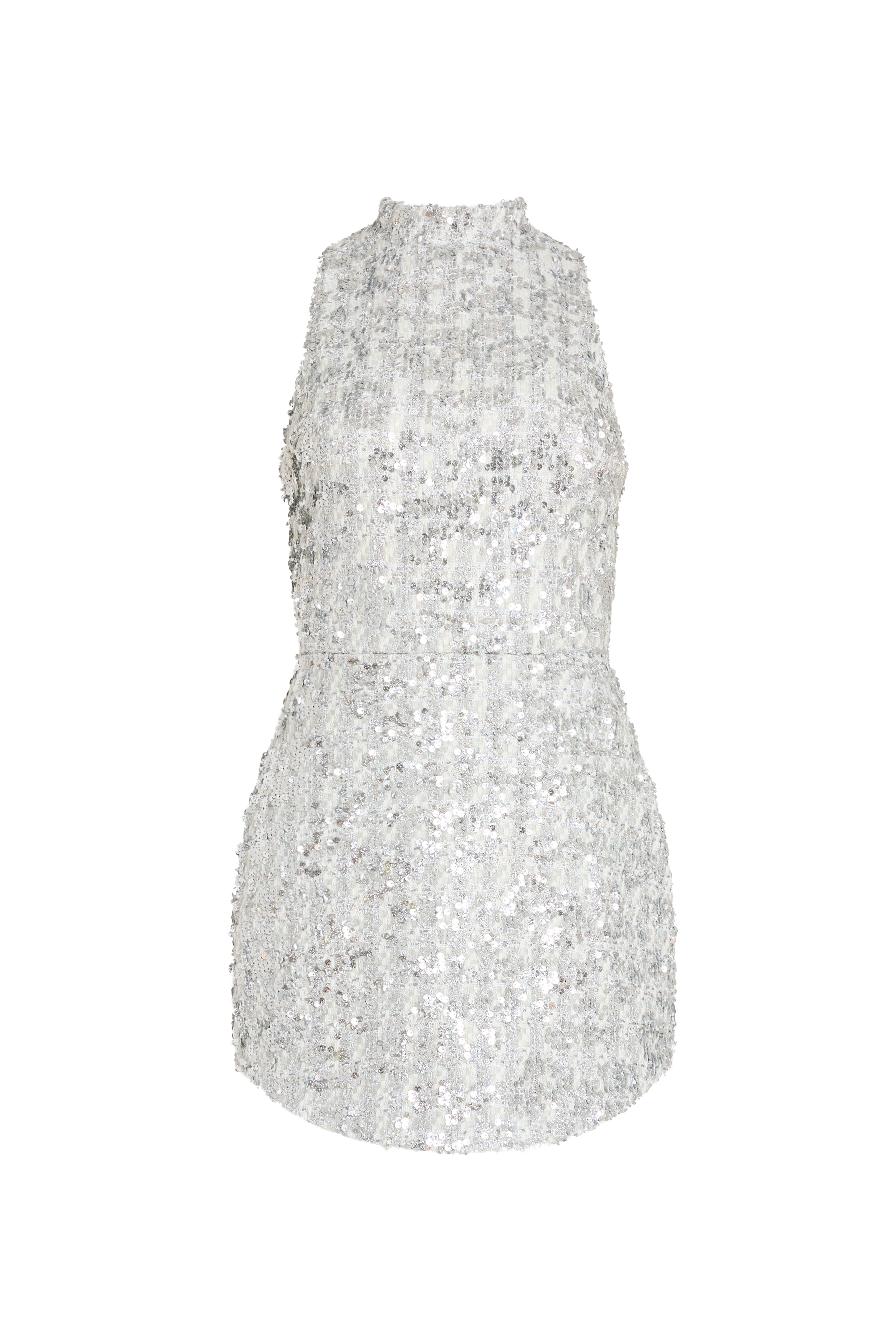 Silver sequin dress on a white background