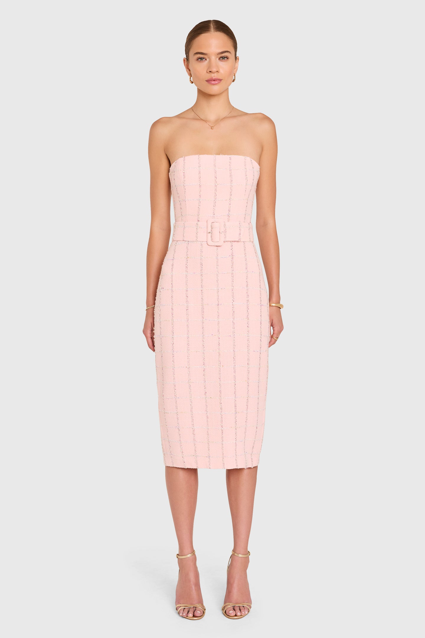 tweed midi dress Red Sparkly Wool | V-Neckline & Back | Splendour Collection unveiling a jewel neckline and chic short sleeves Aya Tweed Midi Dress
