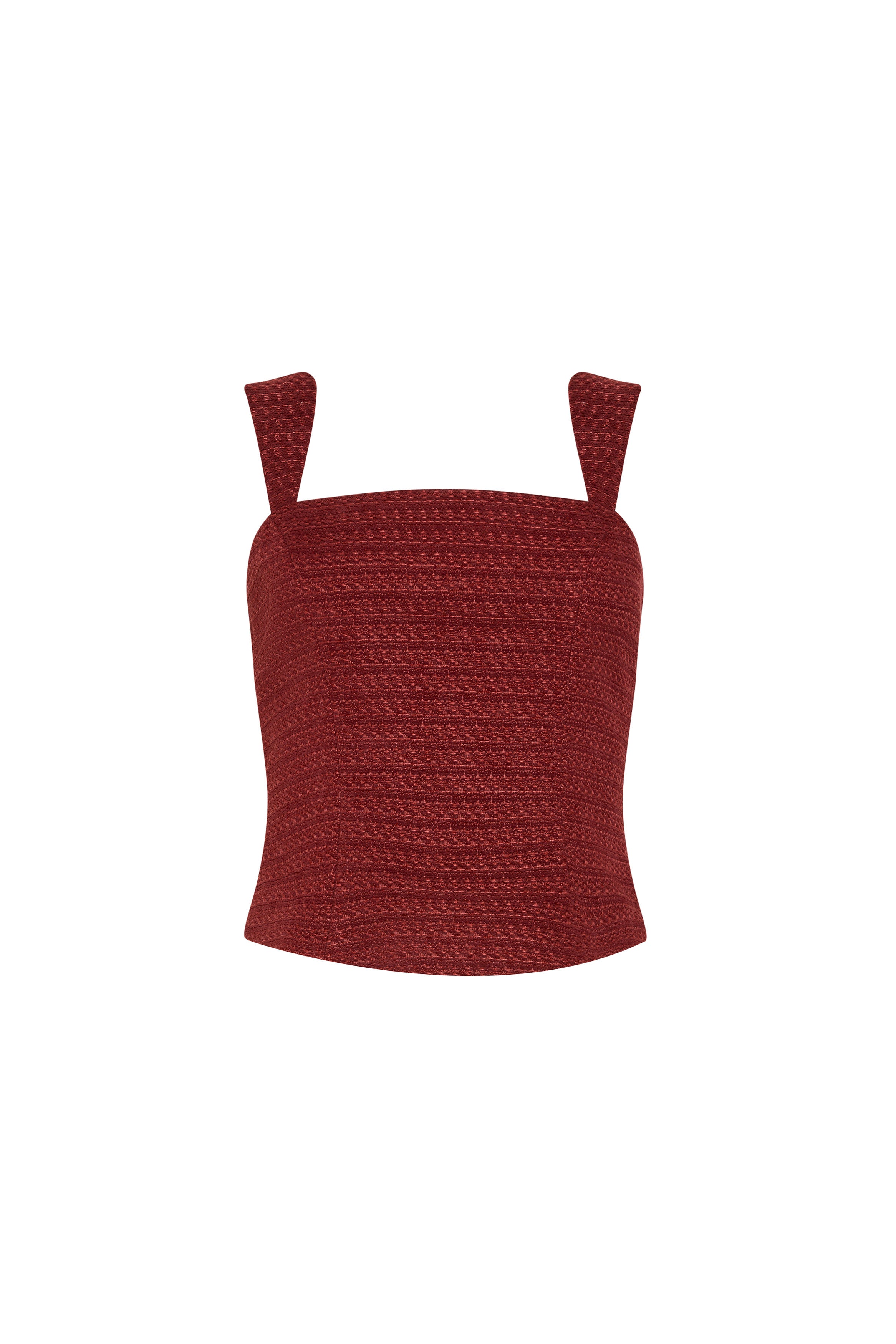 Red textured top with thin straps on a white background