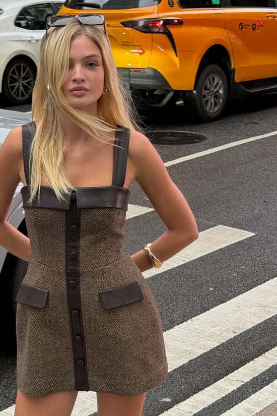 Amanda Uprichard Mindy Romper in brown tweed with leather trim - editorial image