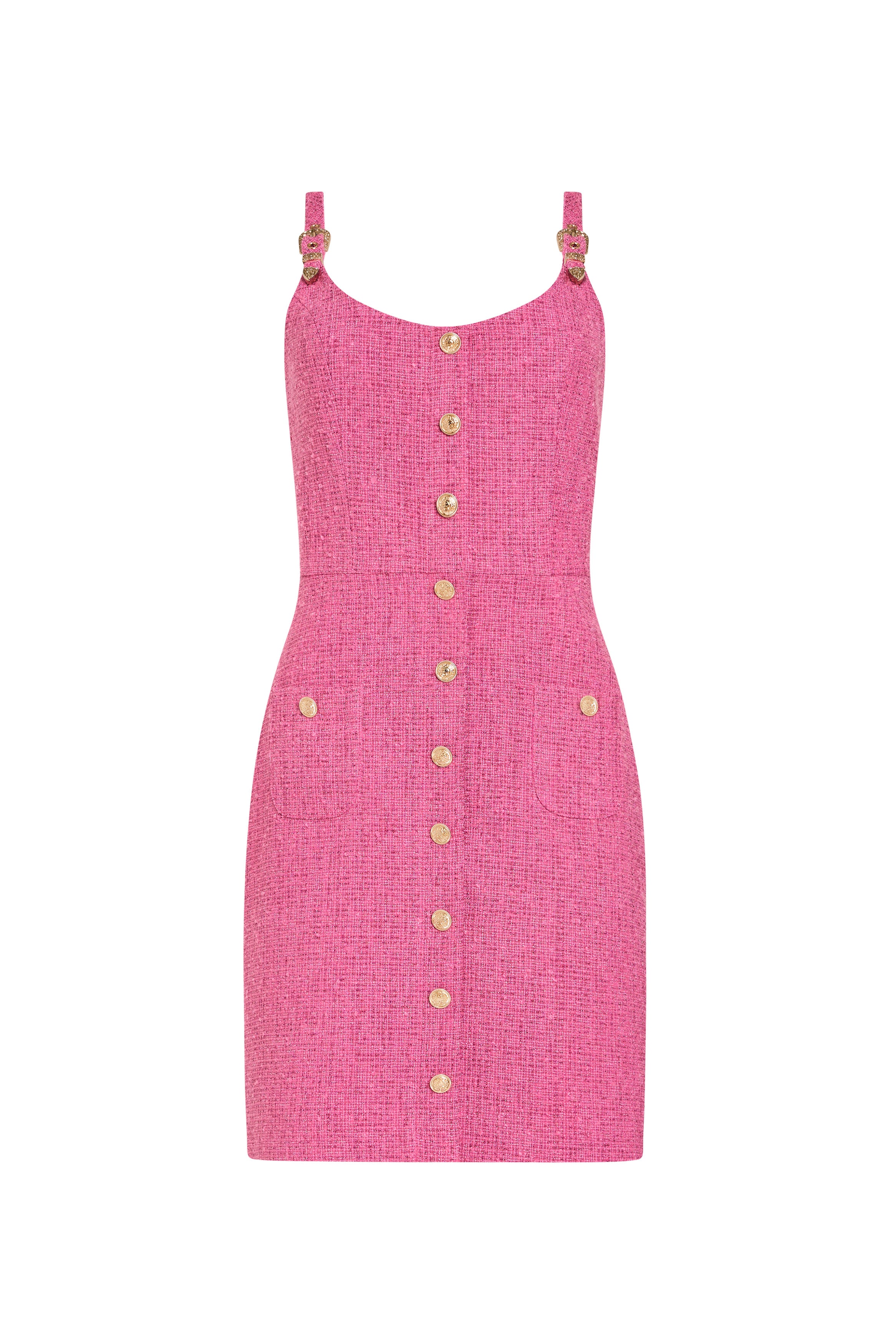 Pink dress with button details on a white background