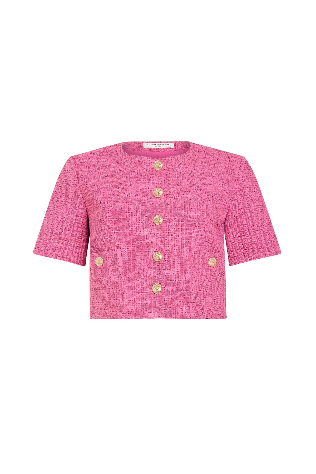 Pink textured jacket with button details on a white background