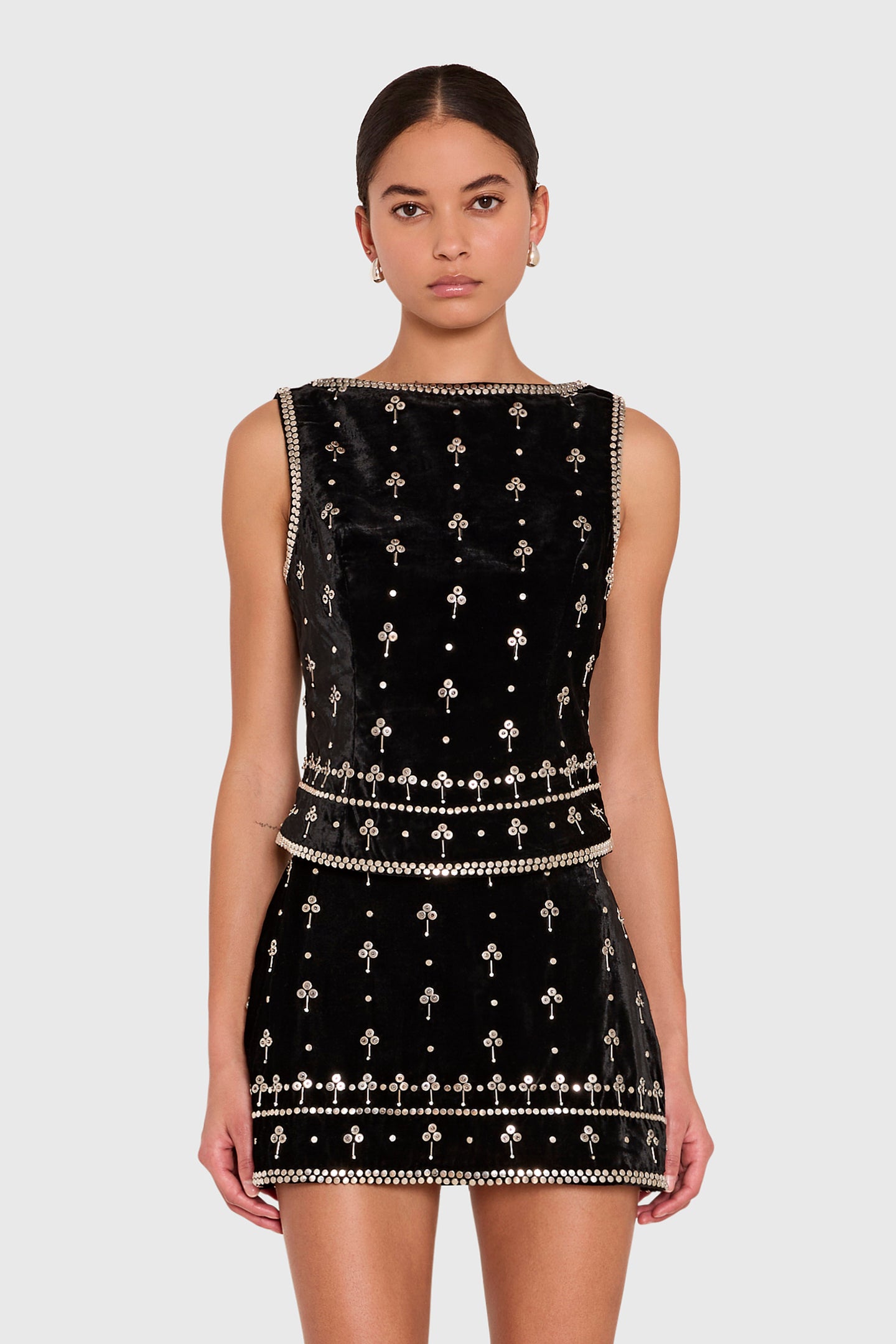 Amanda Uprichard Ines Top in Studded Velvet in Black - front view