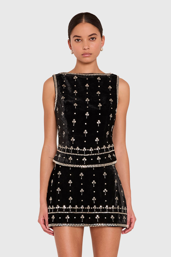Amanda Uprichard Ines Top in Studded Velvet in Black - front view