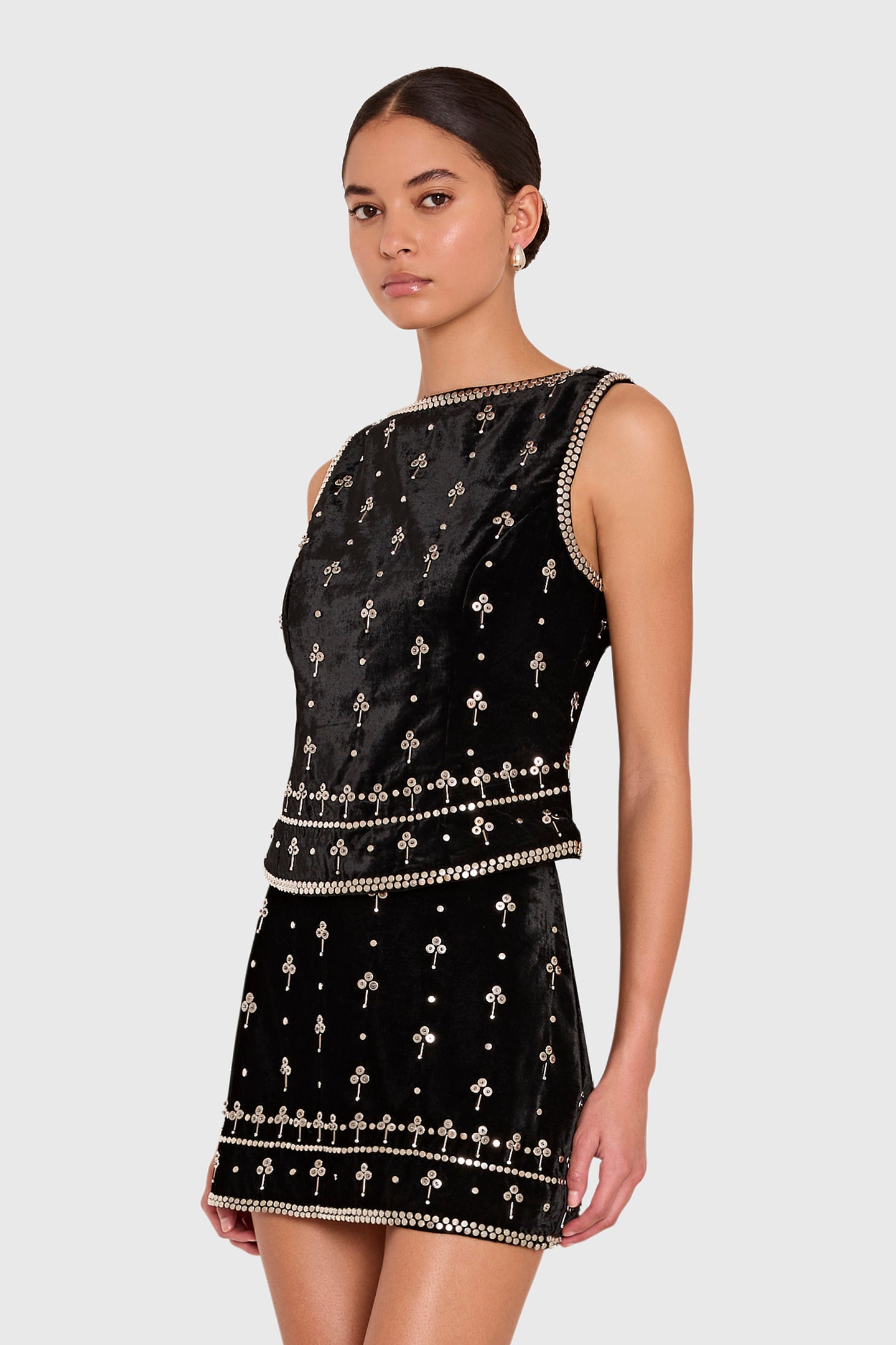 Amanda Uprichard Ines Top in Studded Velvet in Black - side view