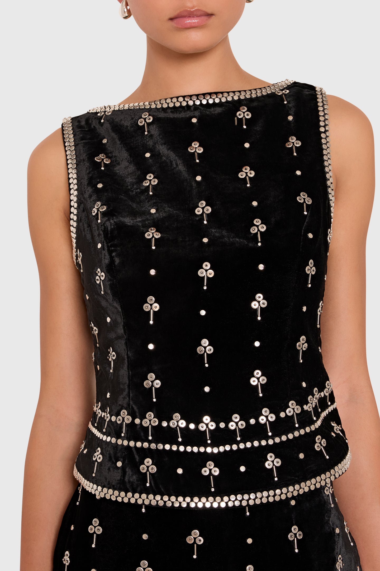 Amanda Uprichard Ines Top in Studded Velvet in Black - detail view