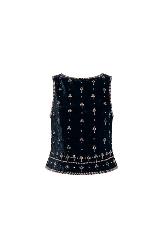 Amanda Uprichard Ines Top in Studded Velvet in Black - shown on invisible mannequin