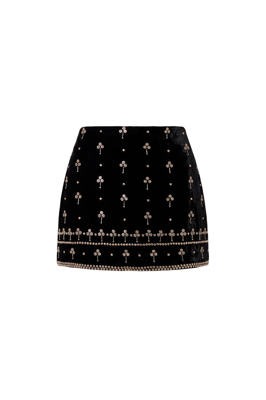 Amanda Uprichard Miles Skirt in Studded Velvet in Black - shown on invisible mannequin