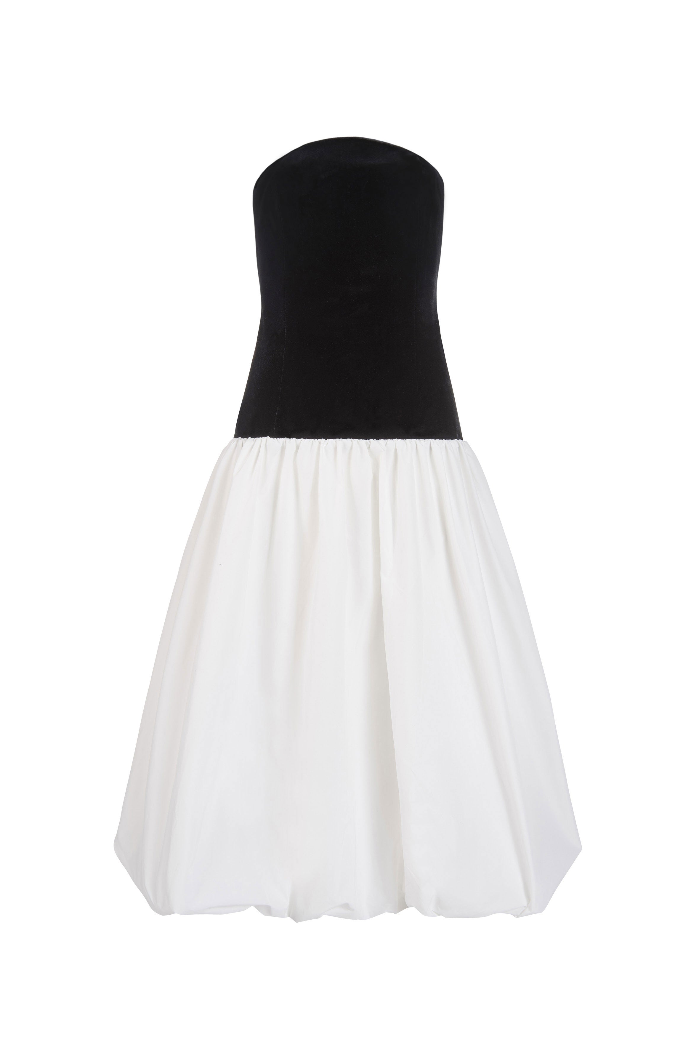 Black and white strapless dress on a white background