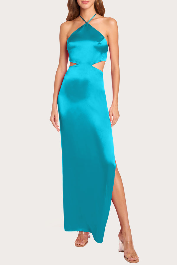 blue halter strap silk maxi gown with cut outs