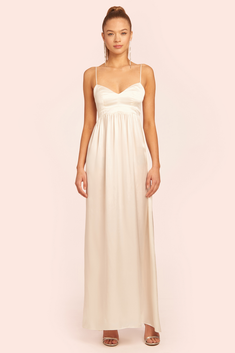 ivory satin maxi gown with tank straps