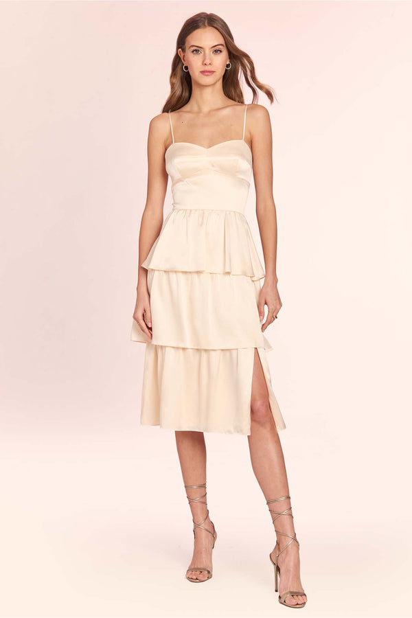 cream ruffle tiered midi with slit and tank straps