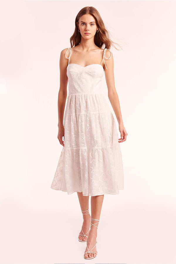 white midi dress with sweetheart neckline