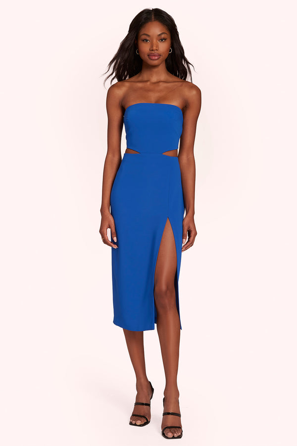 blue strapless midi dress with side cut outs and high leg slit