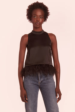 black mock neck silk blouse with feather trim