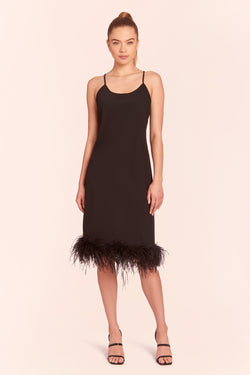 black tank midi dress with feather trim