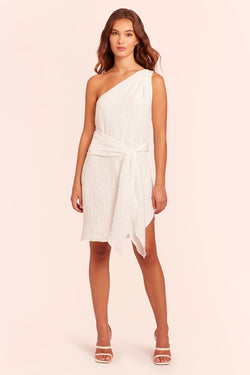 white one shoulder mini dress with pleating and waistbelt