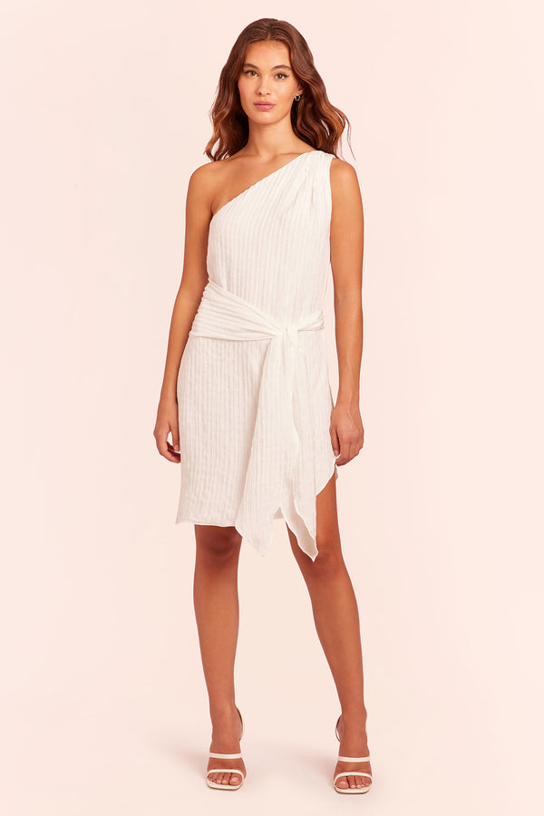 white one shoulder mini dress with pleating and waistbelt