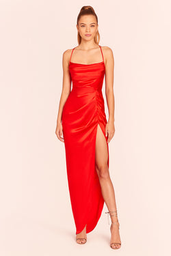 red square neck silk maxi dress with high slit