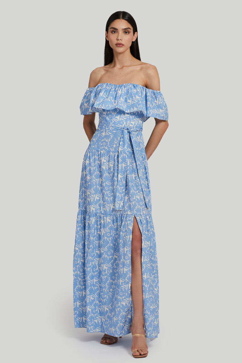 off the shoulder blue and white floral maxi dress with waist belt and leg slit