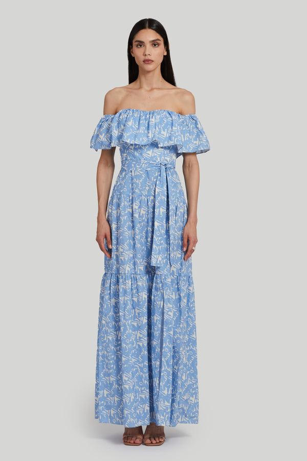 off the shoulder blue and white floral maxi dress with waist belt and leg slit