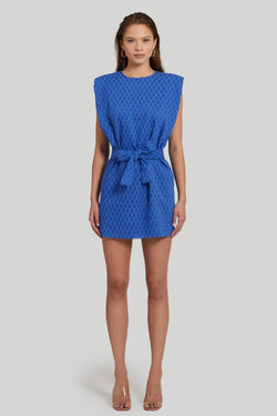 blue mini dress with white check embroidery and waist tie belt