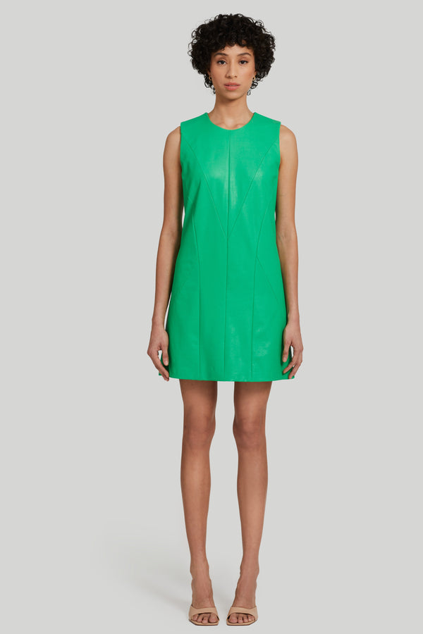 sleeveless green faux leather mini dress