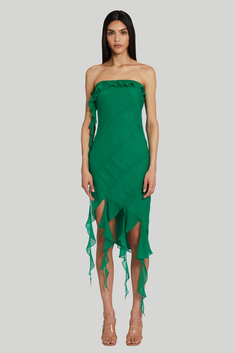 strapless green midi dress with extra ruffle trim