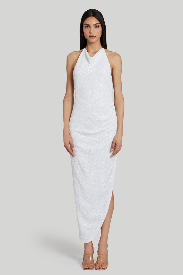 white cowl neck sequin maxi gown