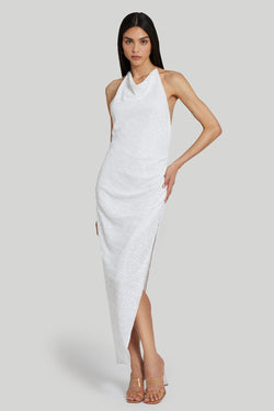 white cowl neck sequin maxi gown