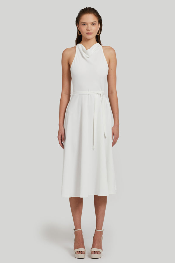white midi dress with waist belt